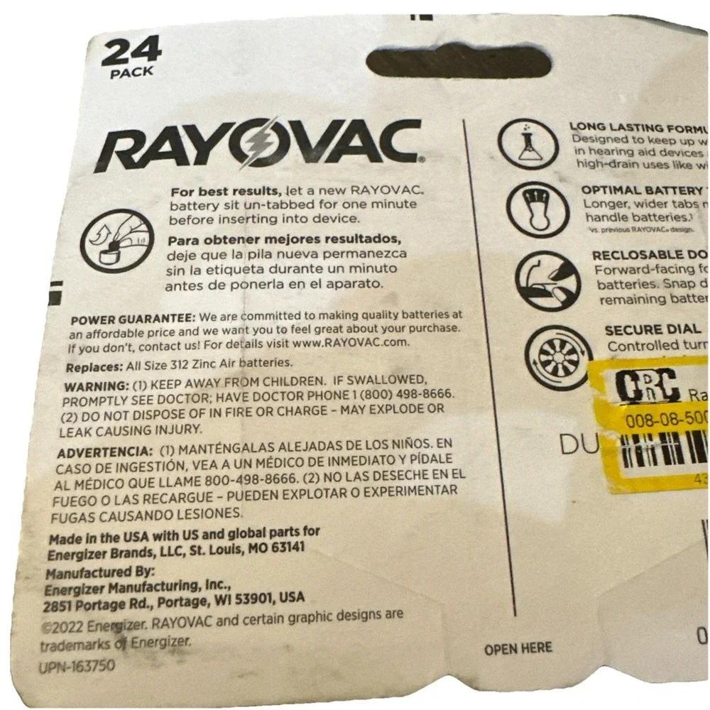 New 24 Batteries Rayovac Size 312 Hearing Aid Zinc Air Batteries Exp. 03/2027